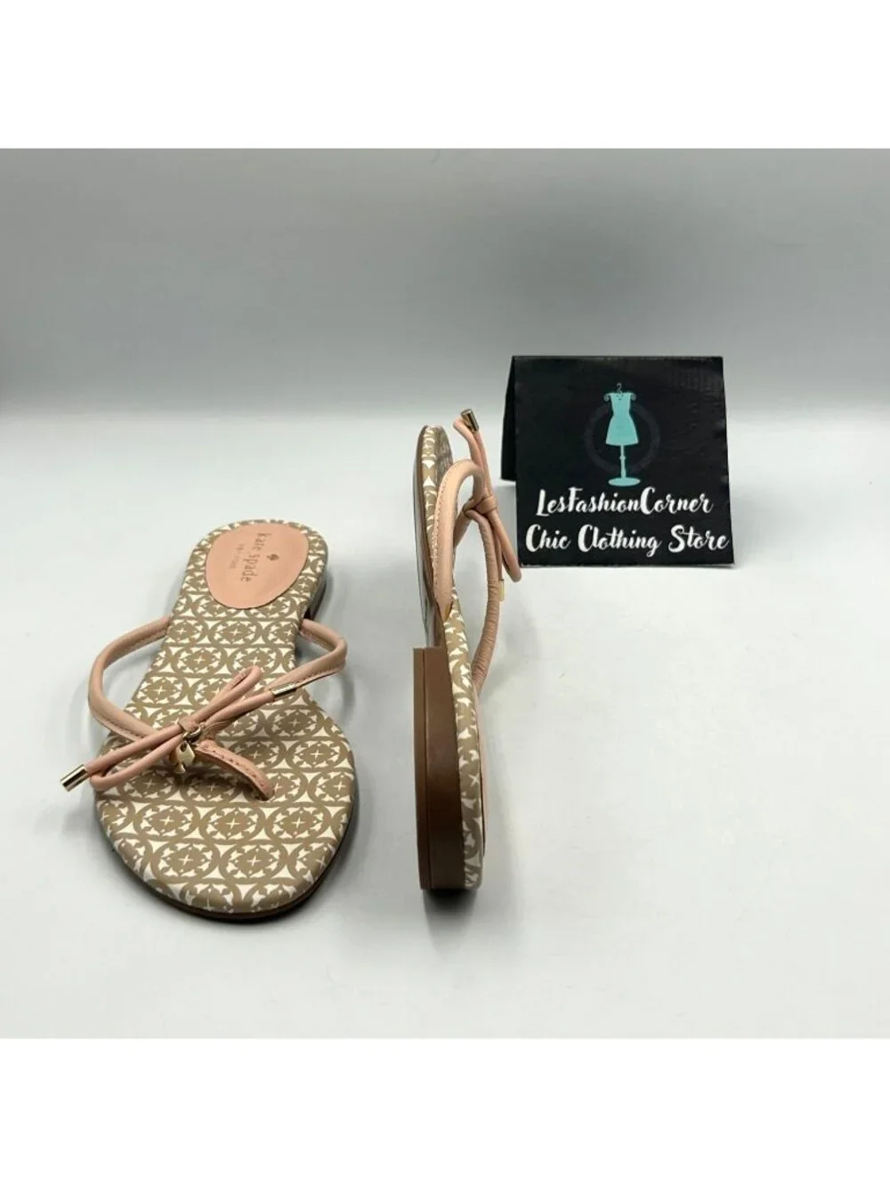 Kate Spade Women's Beige Pink Leather Mistic Bow Flats Sandals Size 9.5 3615